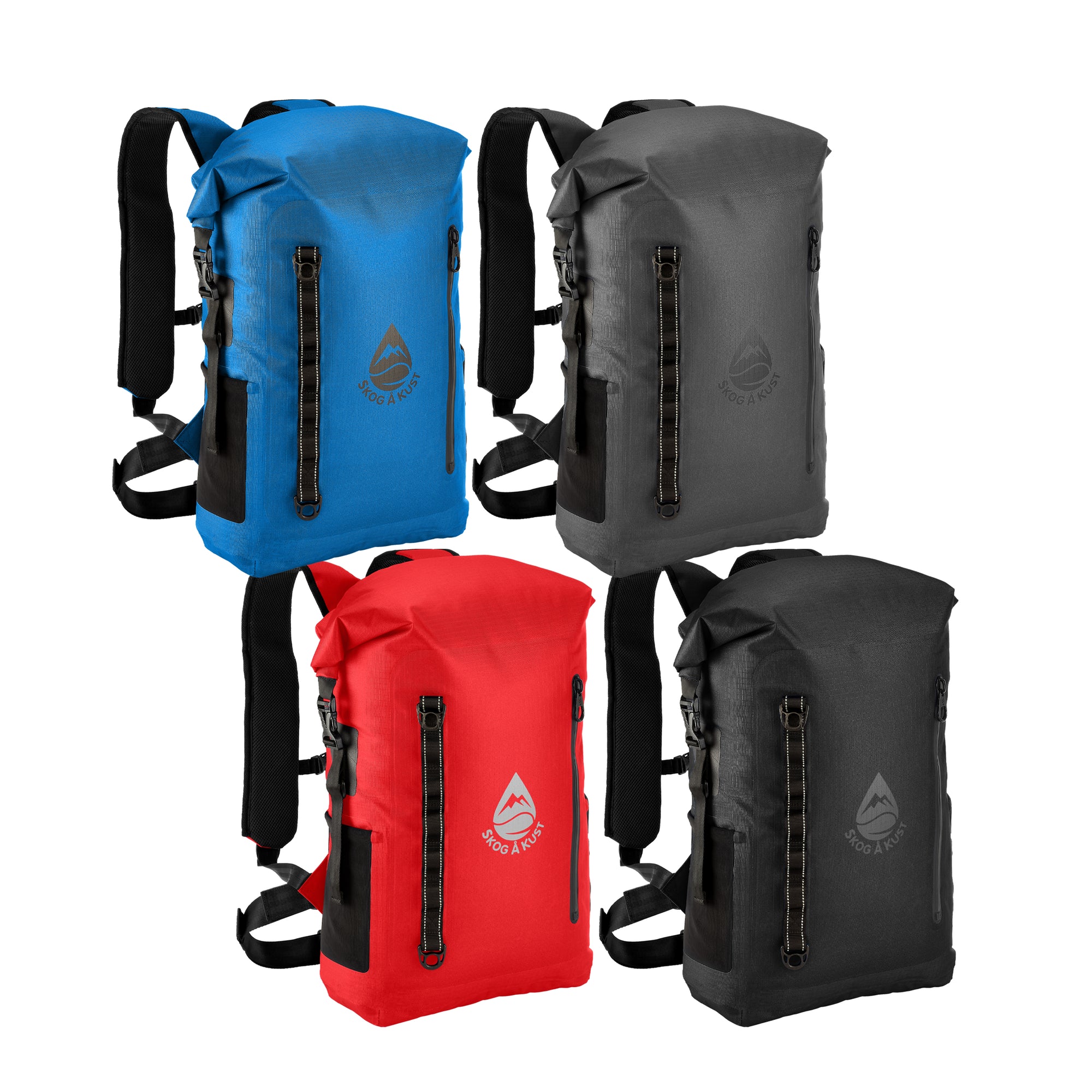 BackSak Pro 35L waterproof backpack photo showing blue, black, grey and red colour options